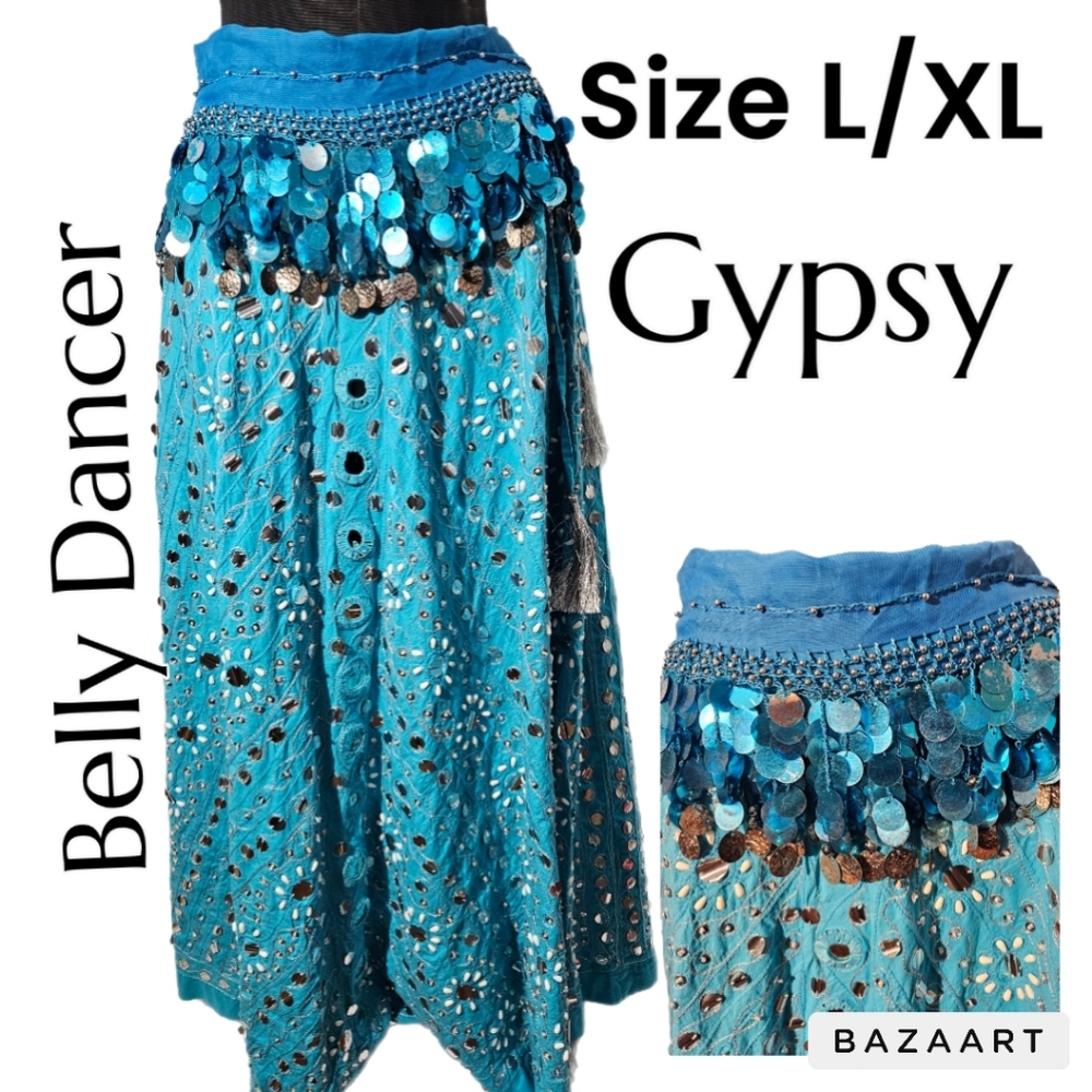 Halloween Costume Bellydancer/ Gypsy Beaded Mirror Turquoise Skirt Size L/XL